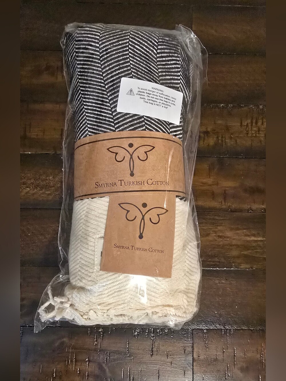 Smyrna Turkish Cotton Herringbone Throw - Black & Cream 50x60 NWT